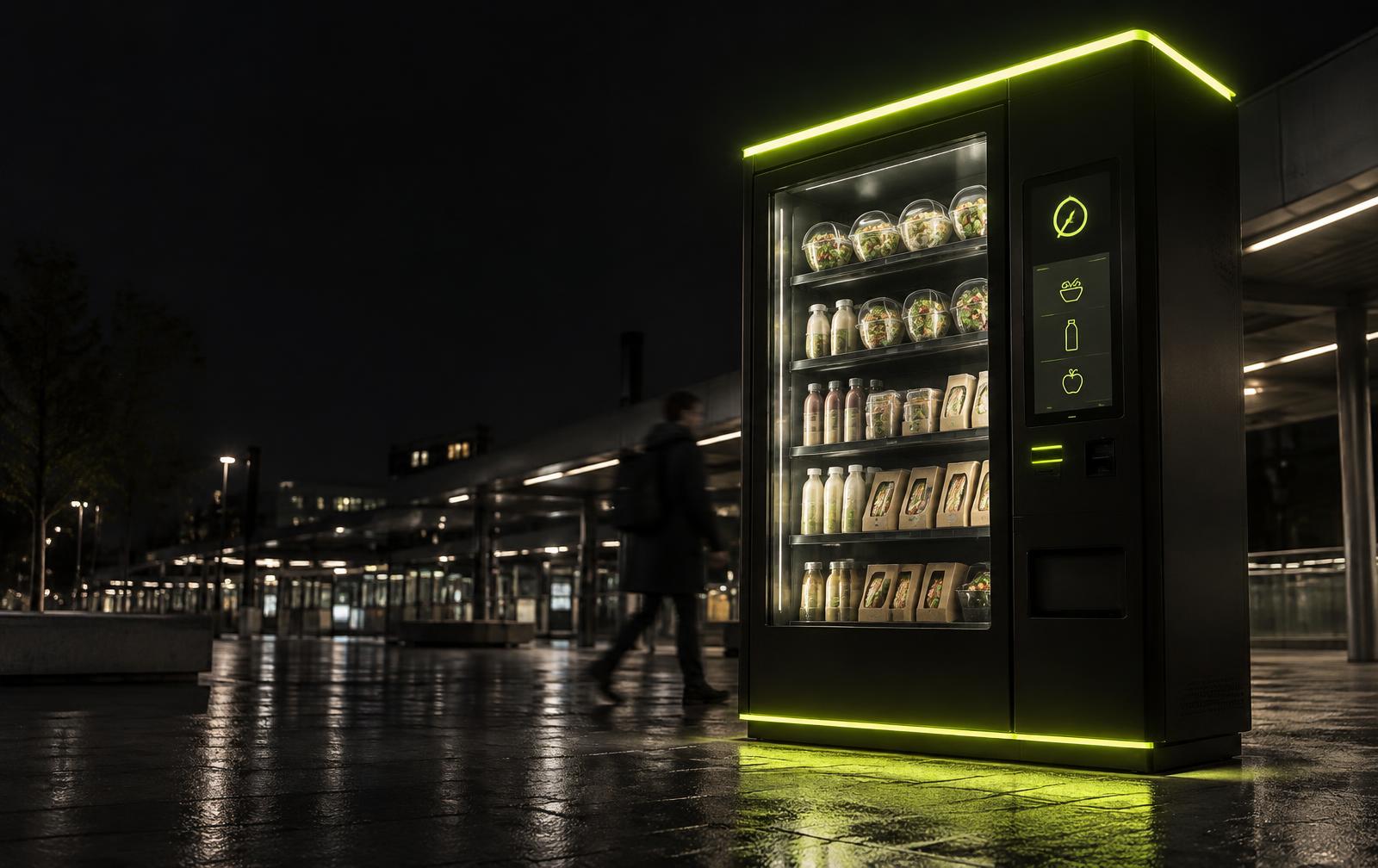KIOSQI Point s lokálnymi produktmi v nočnom mestskom prostredí